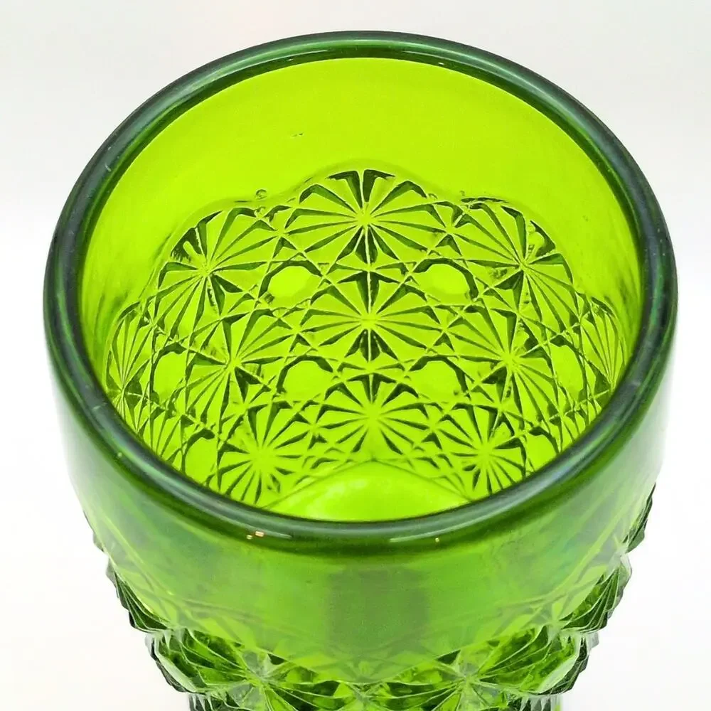 VTG LE Smith Green Daisy and Button Pressed Glass Water Wine Stem Goblet 6.75in